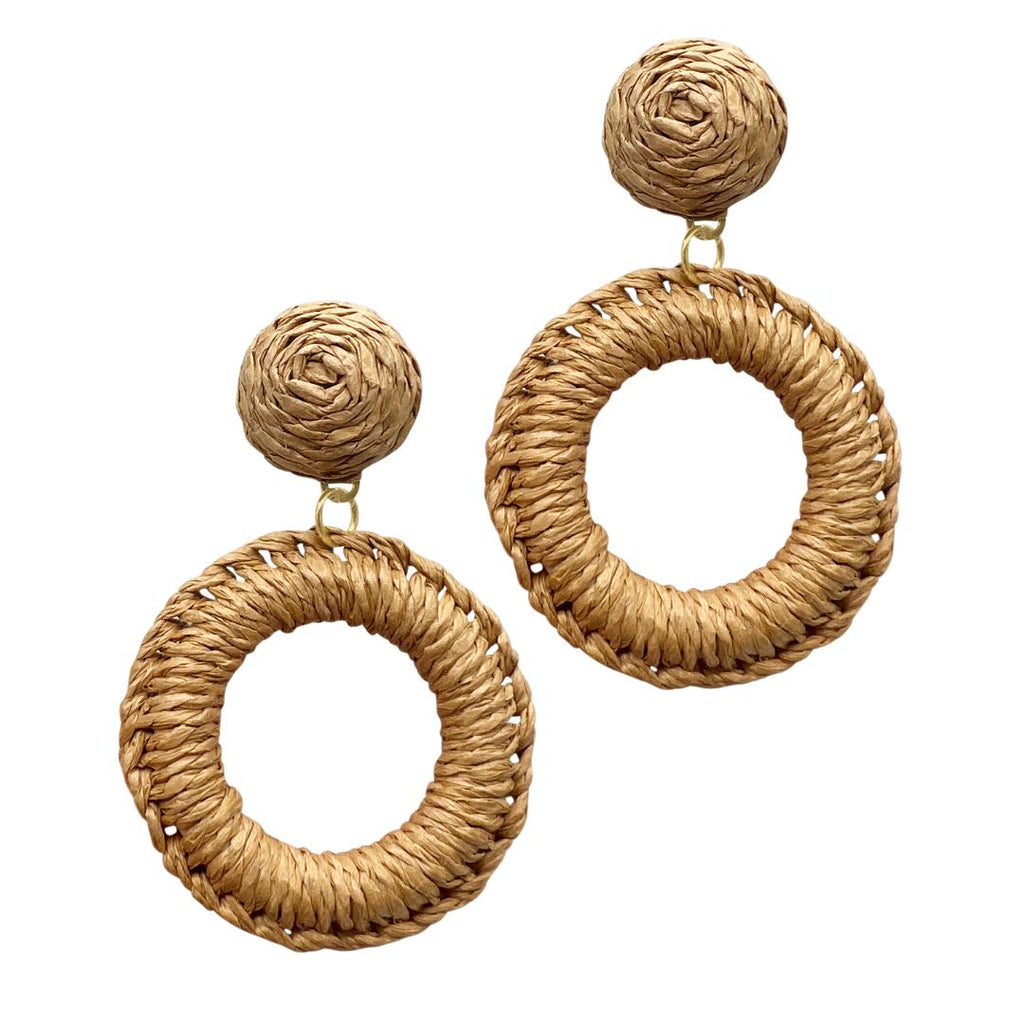 Brown Raffia Basket Weave Drop Circle Earrings