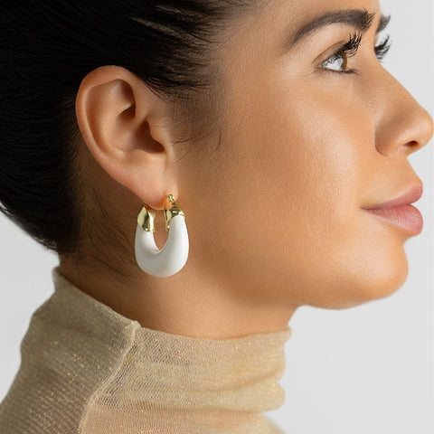 14K Gold Plated White Lucite Boxy Hoop Earrings