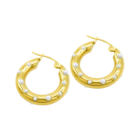 Tarnish Resistant 14K Gold Plated Pearl-Studded Hoop Earrings