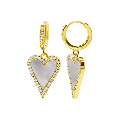 14K Gold Plated White Mother-of-Pearl Crystal Halo Heart Drop Huggie Earrings