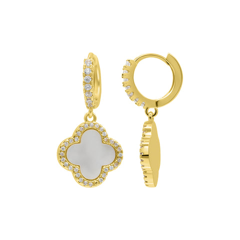 14k Gold Plated Crystal Halo White Mother of Pearl Clover Dangle Huggie Earrings