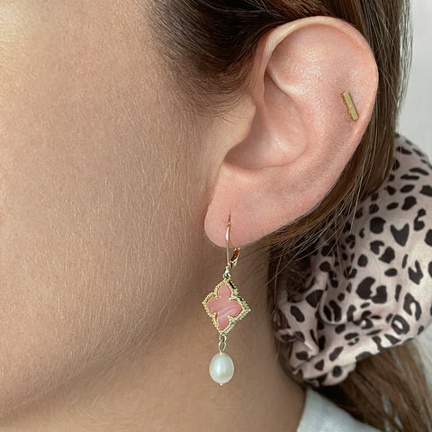 Floral and Pearl Drop Earrings Pink Mother of Pearl gold