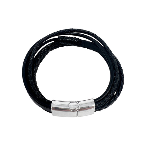 Magnetic Clasp Multistrand Black Leather Bracelet silver