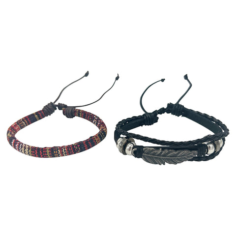 Adjustable Set of Black Leather Feather and Woven Multicolor Bracelets