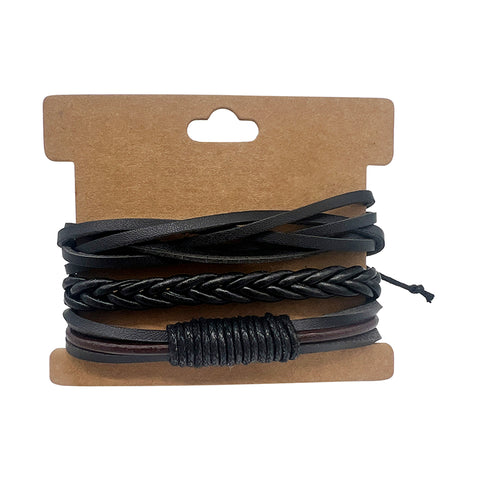 Adjustable Trio of Black Multistrand Leather Bracelets