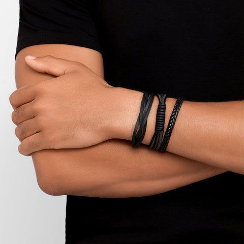 Adjustable Trio of Black Multistrand Leather Bracelets
