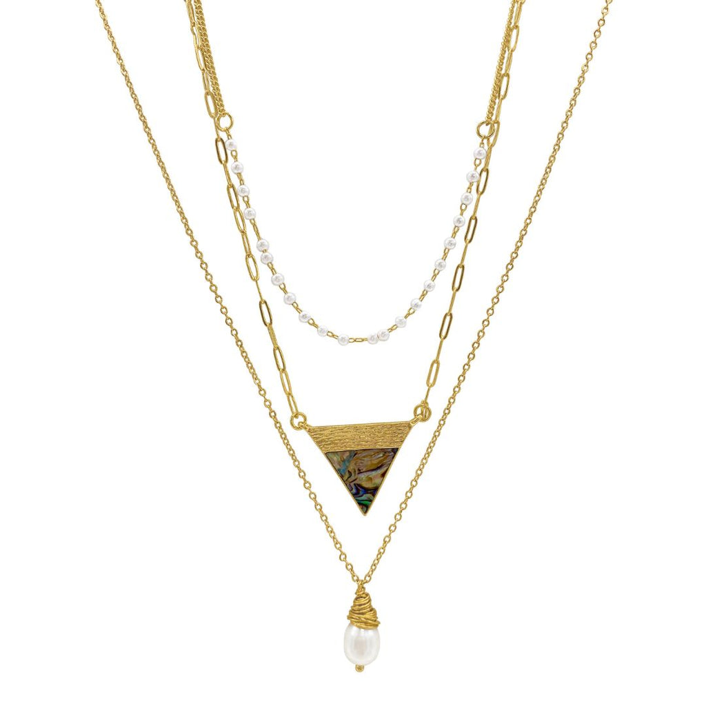 Triangle and Freshwater Pearl Pendant Layered Necklace gold