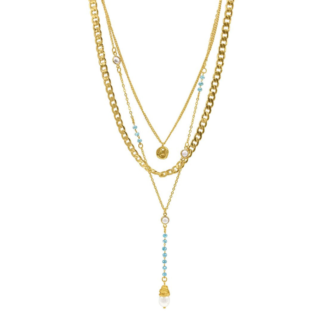 14k Gold Plated Freshwater Pearl and Turquoise Beaded Layered Necklace