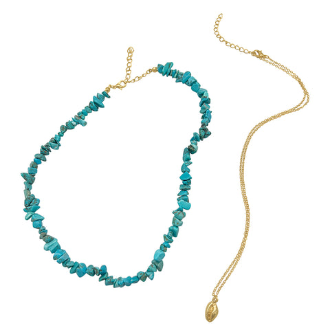 Multi Shape Turquoise Stone Shell Pendant Layered Necklace gold