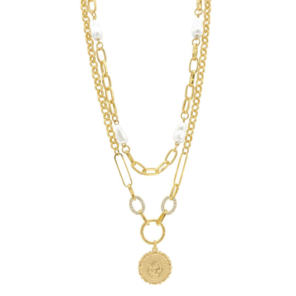 Mixed Chain Pearl and Coin Layered Necklace gold