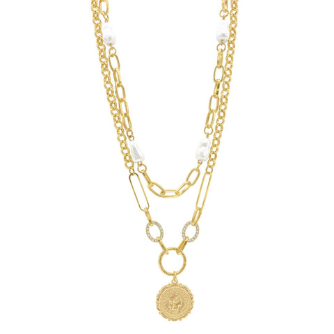 Mixed Chain Pearl and Coin Layered Necklace gold