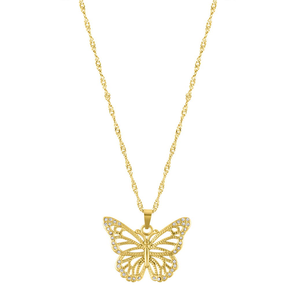 Tarnish Resistant 14k Gold Plated Pave Butterfly Necklace