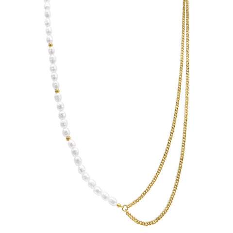 Draped Pearl and Curb Chain Necklace gold