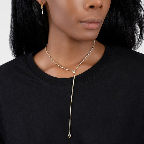 Water Resistant Crystal Y- Lariat Drop Tennis Chain Necklace gold