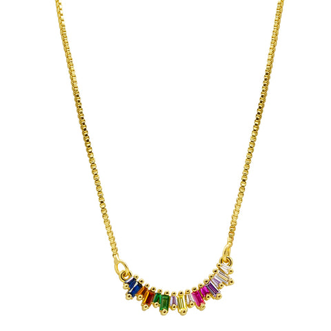 14K Gold Plated Crystal Rainbow Curved Bar Necklace