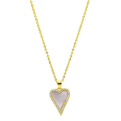 14K Gold Plated White Mother-of-Pearl Crystal Halo Heart Necklace