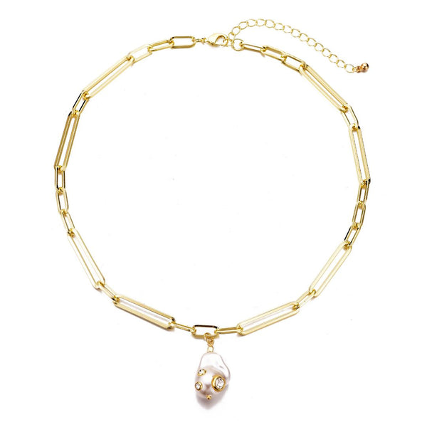 14k Gold Plated Paper Clip Chain with Crystal-Decorated
