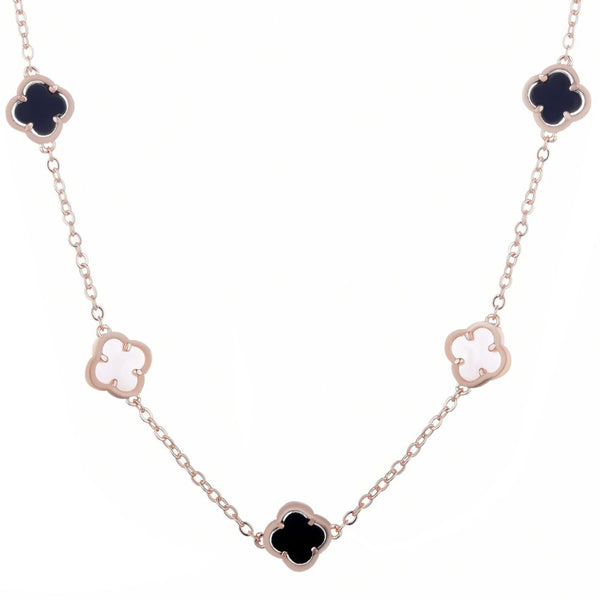 14k Rose Gold Plated Mixed Black and White Clover Station Necklace