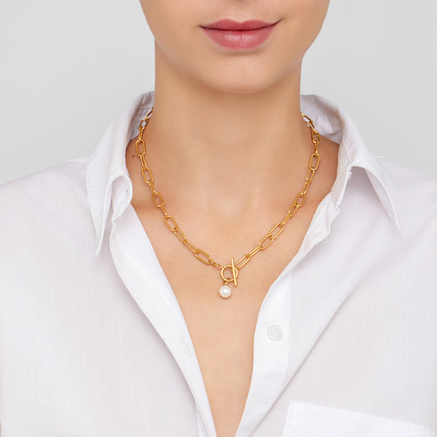 Paper Clip Toggle Necklace with Pearl gold