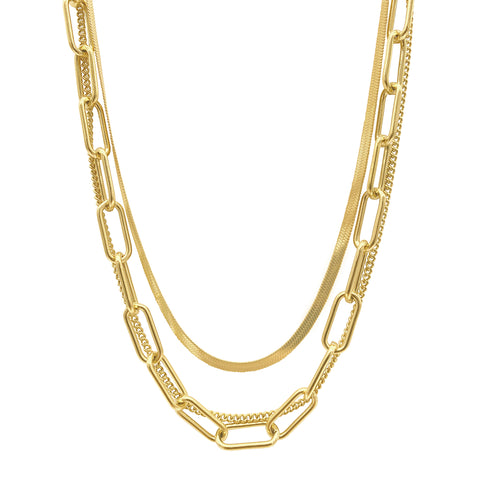 Paper Clip, Snake Chain and Curb Chain Neckalce gold