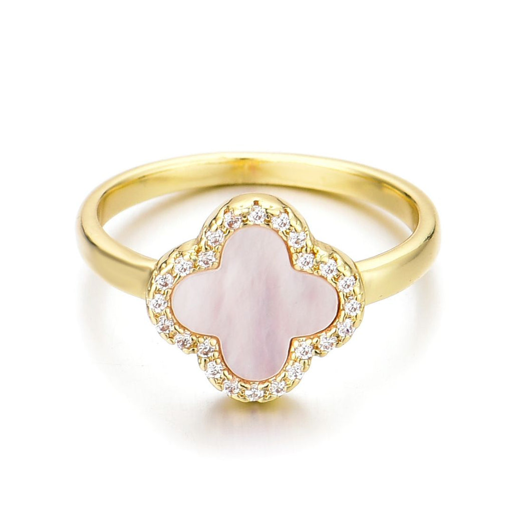 14k Gold Plated Mother of Pearl Halo CZ Clover Ring