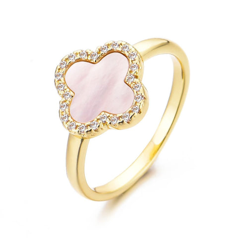14k Gold Plated Mother of Pearl Halo CZ Clover Ring