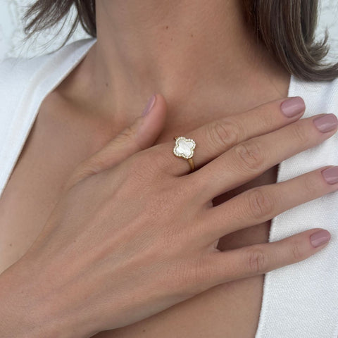 14k Gold Plated Mother of Pearl Halo CZ Clover Ring