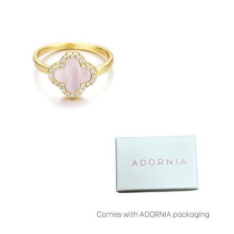 14k Gold Plated Mother of Pearl Halo CZ Clover Ring