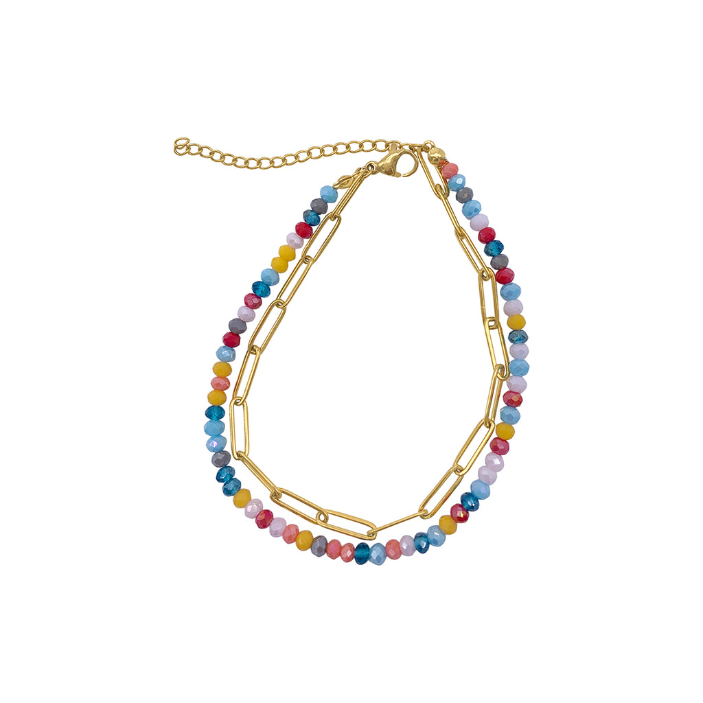 Multi Color Bead and Paper Clip Chain Double Bracelet gold