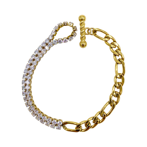 Half and Half Figaro and White Crystal Toggle Bracelet gold