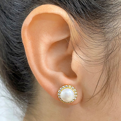 Halo Freshwater Pearl Crystal Studs silver gold