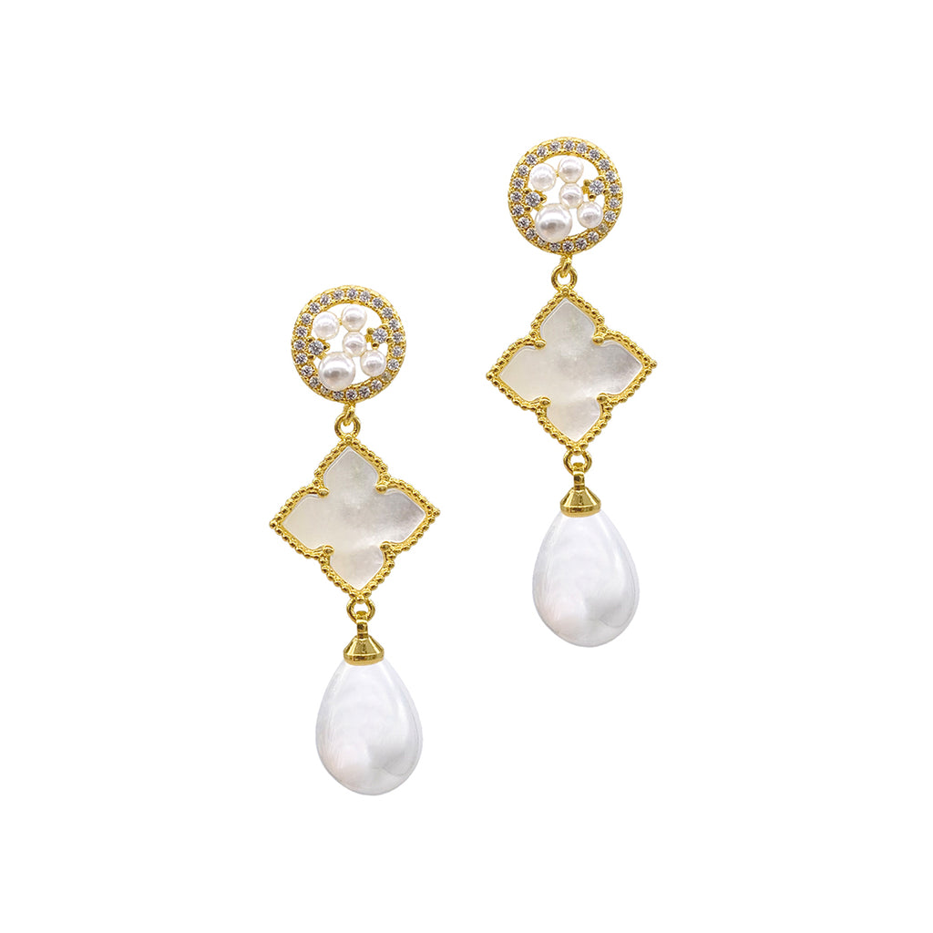 14k Gold Plated 3-Tier Flower White Mother of Pearl Drop Earrings