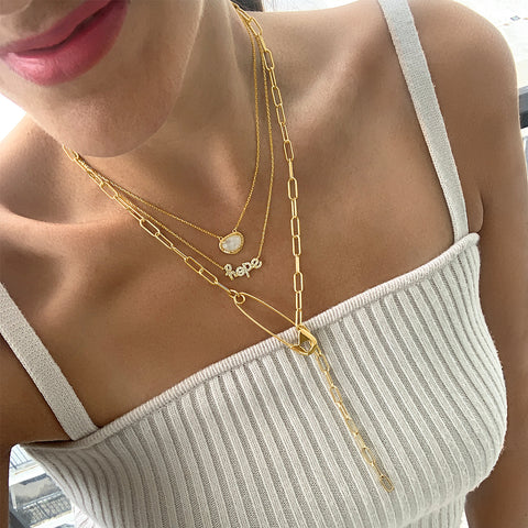Safety Pin Paper Clip Chain Lariat Necklace gold