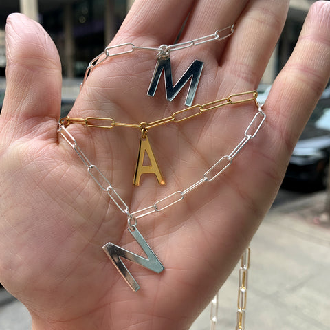 Initial Necklace Paper Clip Chain silver gold