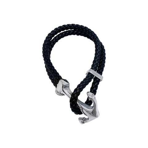 Leather and Anchor Hook Bracelet silver