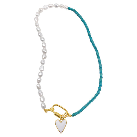 Turquoise and Freshwater Pearl Lock and Heart Pendant Necklace gold