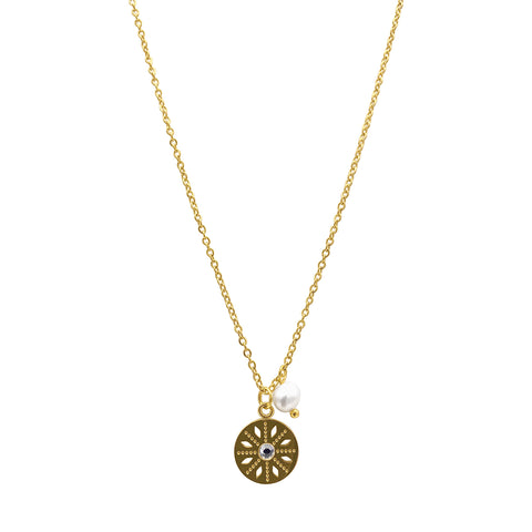 Flower Dial Pendant with Pearl Necklace gold