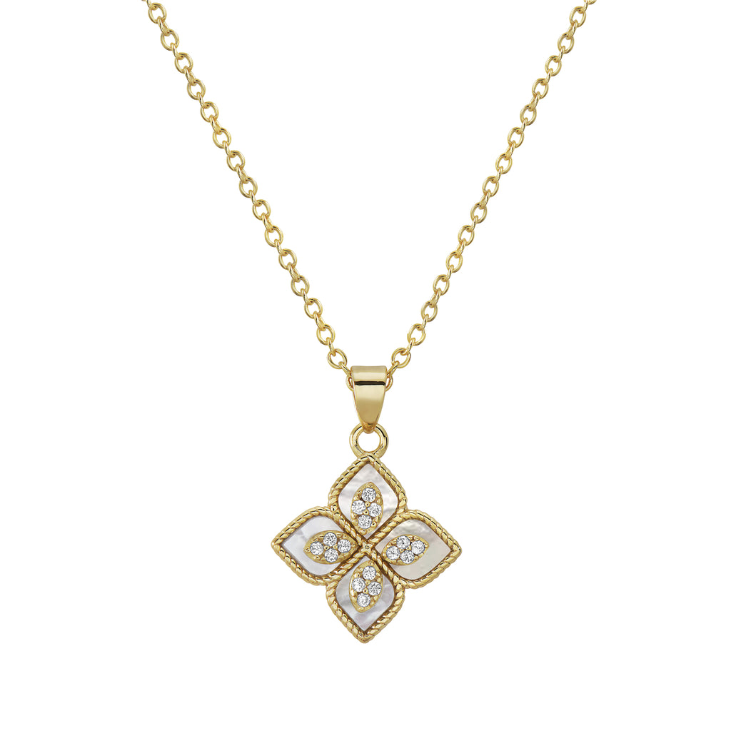 14k Gold Plated Renaissance Flower Crystal White Mother of Pearl Necklace