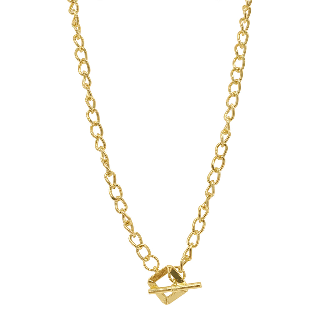 Tarnish Resistant 14k Gold Plated Open Curb Chain Square Toggle Necklace