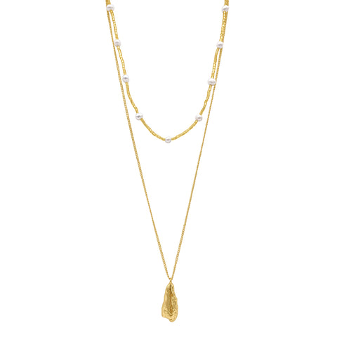 Layered Pendant and Pearl Bead Necklace gold