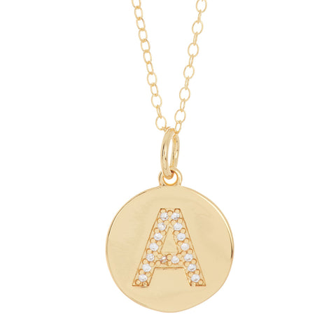 Tarnish Resistant 14k Gold Plated Initial Pave Disc Necklace