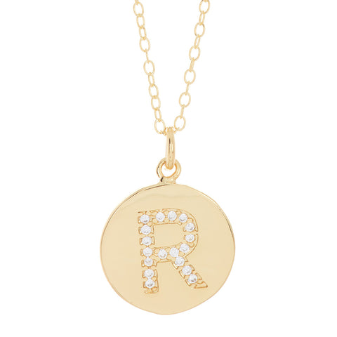 Tarnish Resistant 14k Gold Plated Initial Pave Disc Necklace
