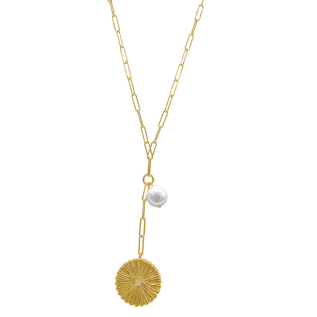 14k Gold Plated Sunburst Pendant Y- Necklace with Pearl Drop