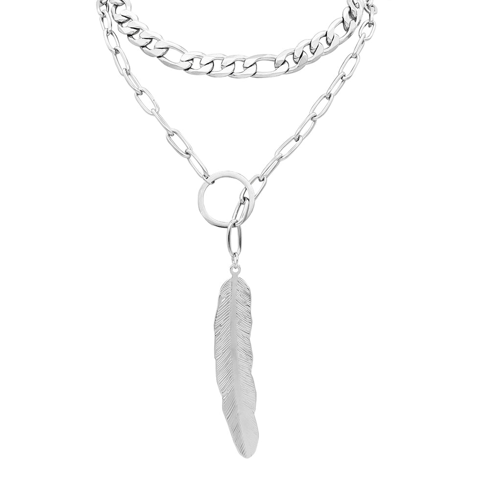 Tarnish Resistant Rhodium Plated Mixed Chain Leaf Y Necklace Set