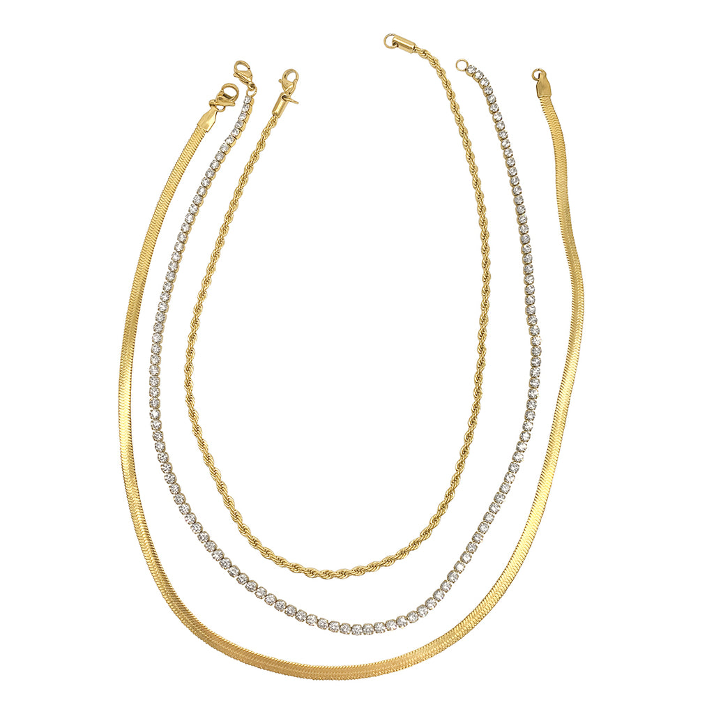 Tarnish Resistant 14k Gold Plated Herringbone Chain, Rope Chain, and Tennis Necklace Set