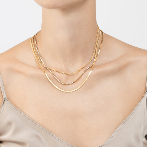 Herringbone Chain, Rope Chain, and Tennis Necklace Set gold