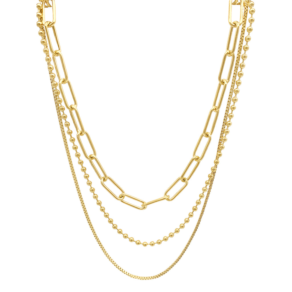 14k Gold Plated Box Chain, Ball Chain, and Oversized Paper Clip Chain Necklace Set