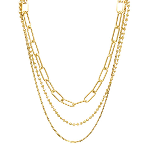 Box Chain, Ball Chain, and Oversized Paper Clip Chain Necklace Set gold