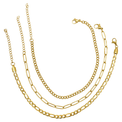 Curb Chain, Paper Clip Chain, and Figaro Chain Anklet Set gold