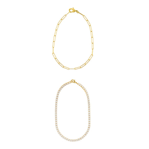 14k Gold Plated 10" Tennis and Paperclip Chain Anklet Set